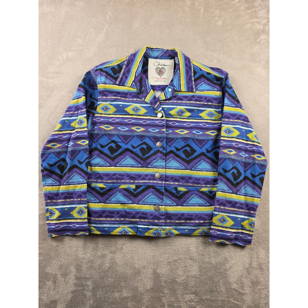 Chico's Anniversary Collection Denim Jacket Women Size 1 M Blue Aztec Boho